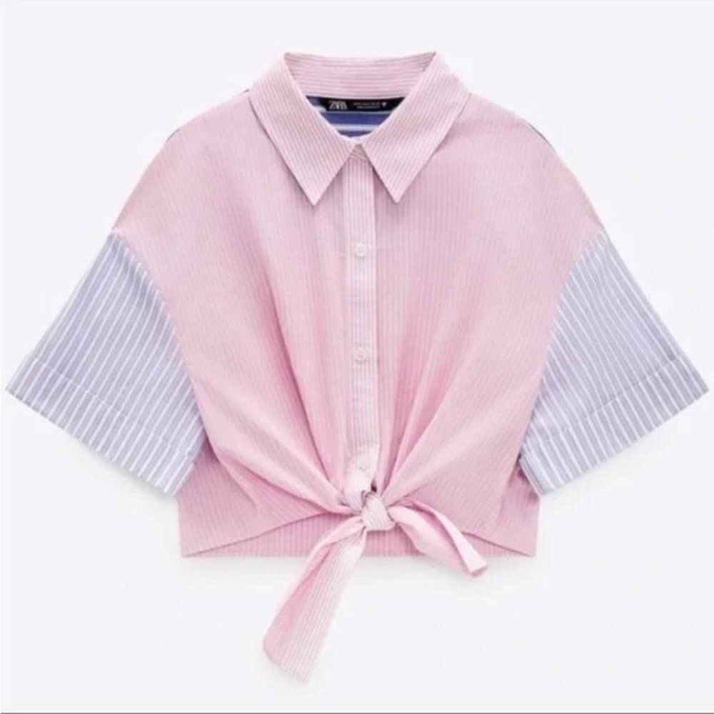 ZARA PINK AND BLUE STRIPED POPLIN SHIRT 100% Cotton Cropped Tie Front Sz L
